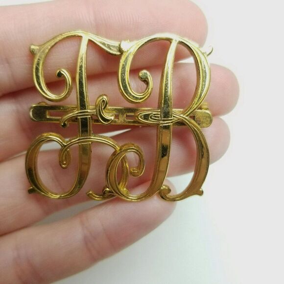Vintage Monocraft F B Monogram Brooch Gold Tone Initial Letter Signed Pat Number - Picture 2 of 8